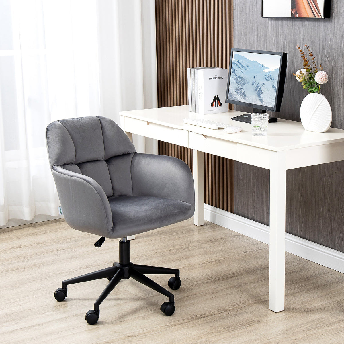 Office Chair, Modern Swivel Height Adjustable Armrest, Velvet Gray