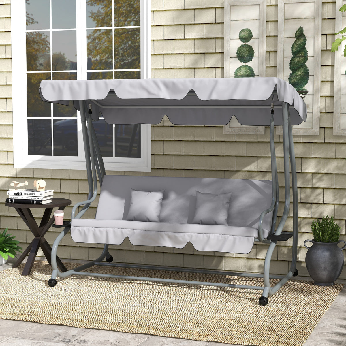 Outsunny Hollywood Swing 3-Seater Reclining Canopy, Light Grey