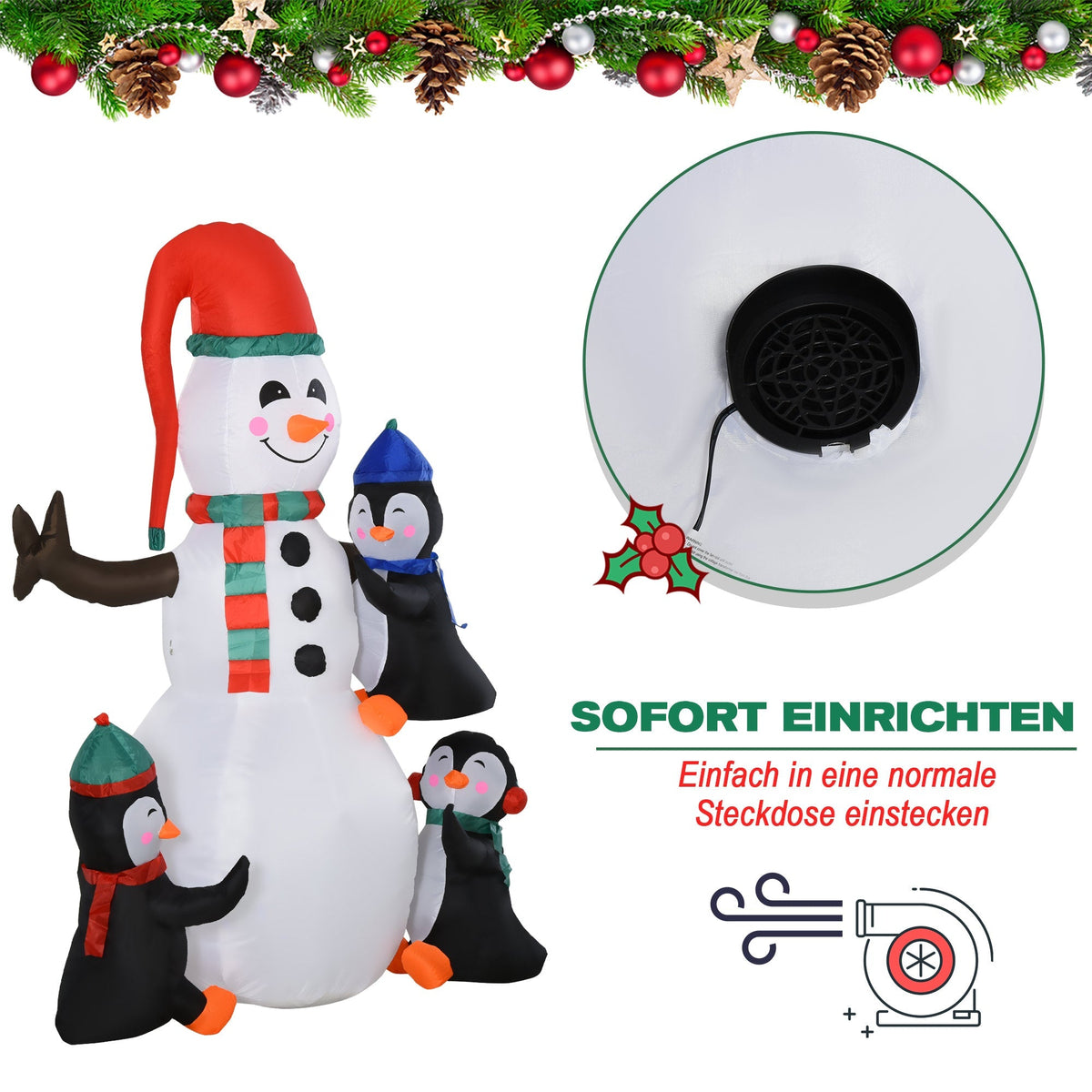 Inflatable Snowman with 3 Penguins, LED Lighting, Polyester