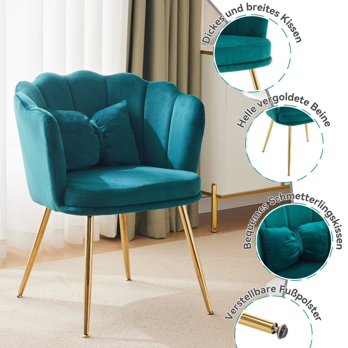 Velvet Chairs, Set of 4 Modern Upholstered with Petal Backs, Gold Metal Legs