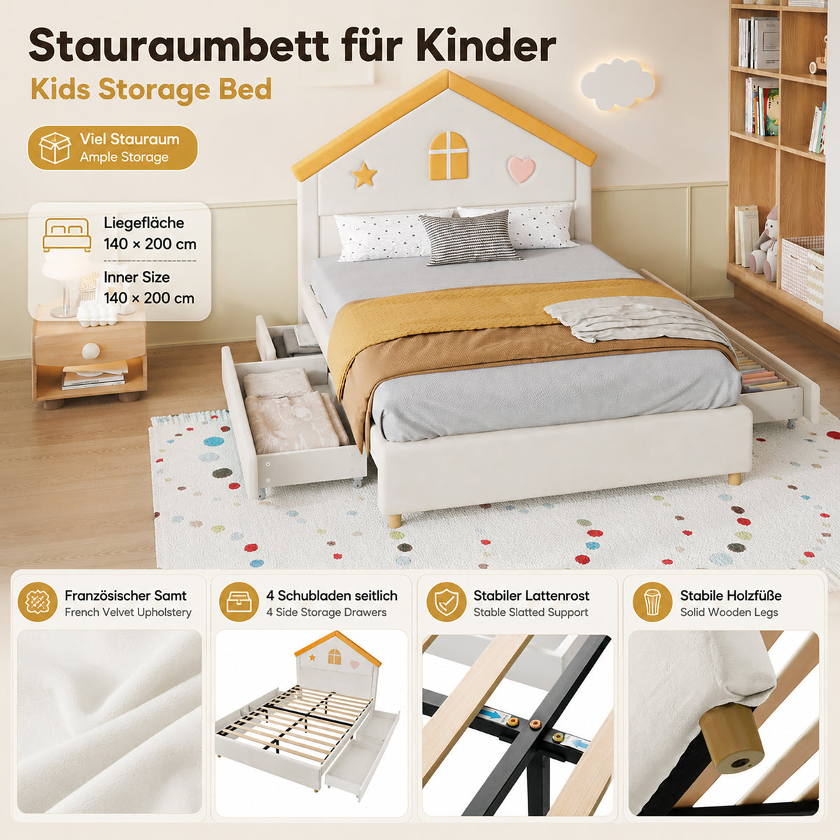 House Bed 140x200cm Upholstered Bed with 4 Drawers, Velvet Beige