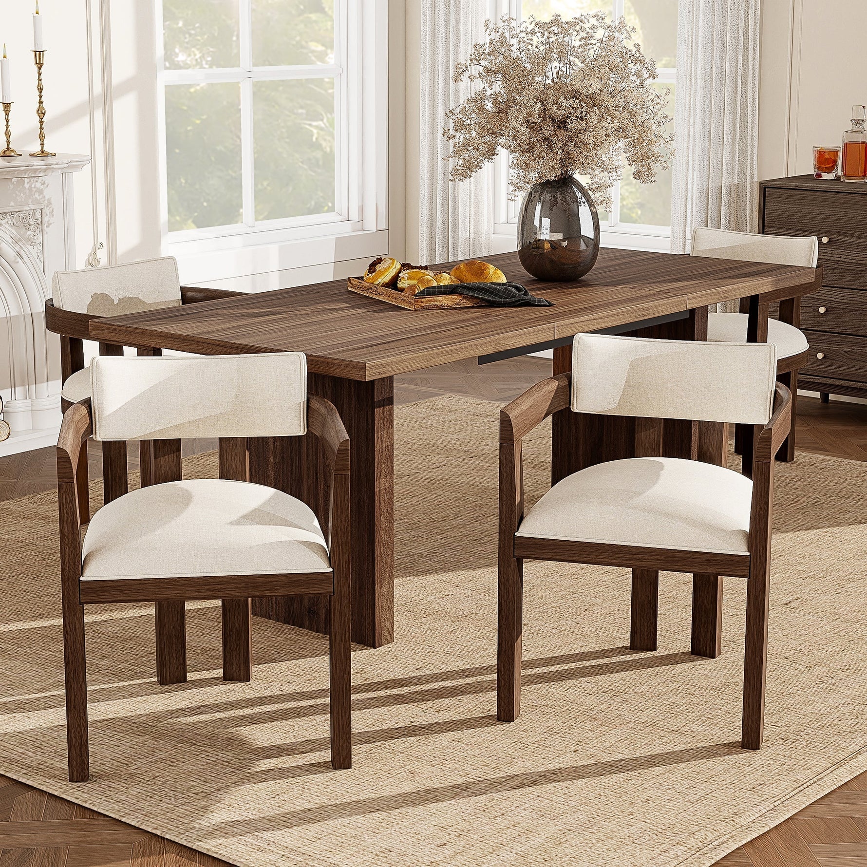 2 Solid Wood Dining Chairs Comfortable Modern Style Linen Fabric Walnut Color