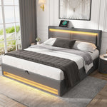 Upholstered Bed 160x200cm with LED & Storage, Grey PU