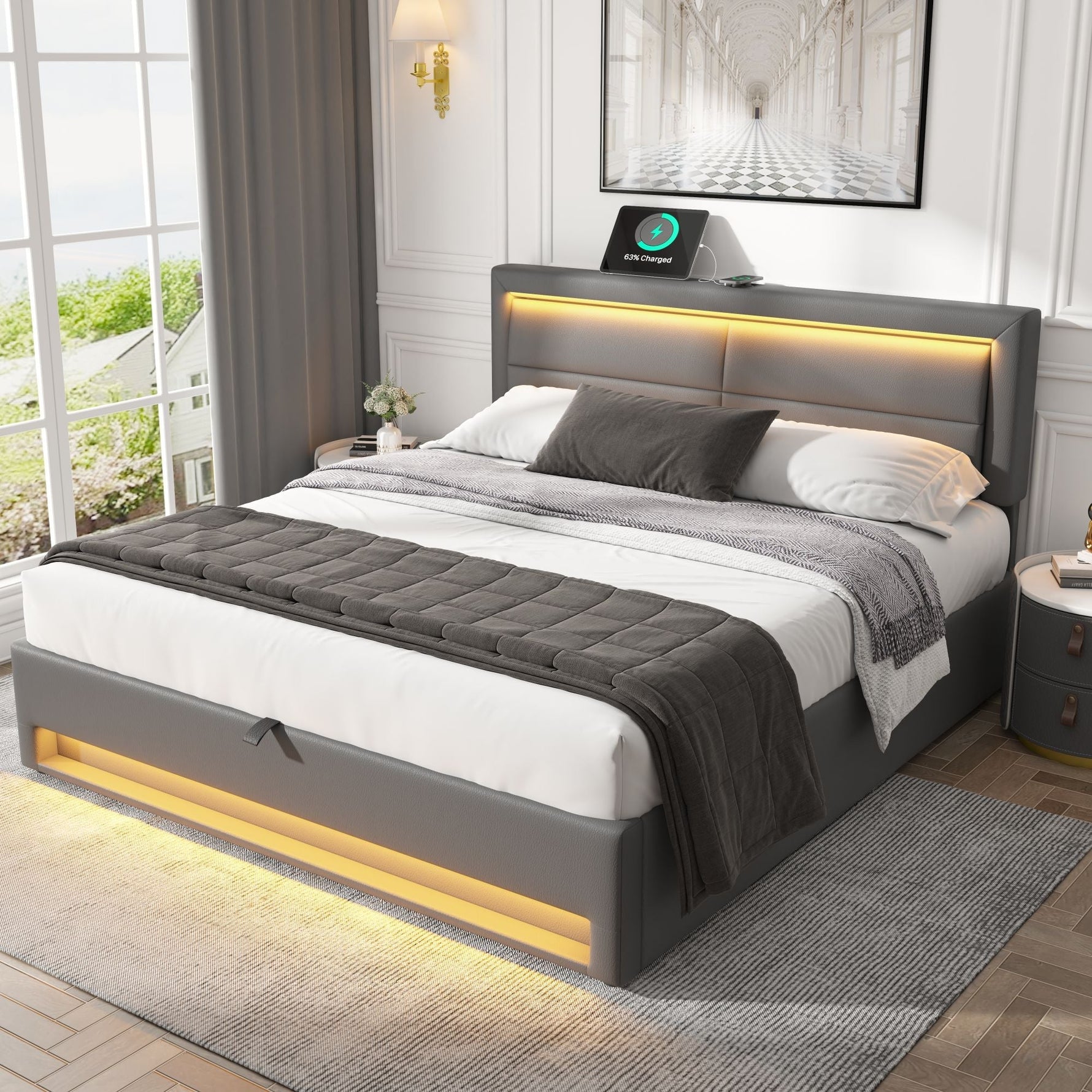 Upholstered Bed with USB Charging, LED Lighting and Storage, 140x190cm, Grey PU Leather