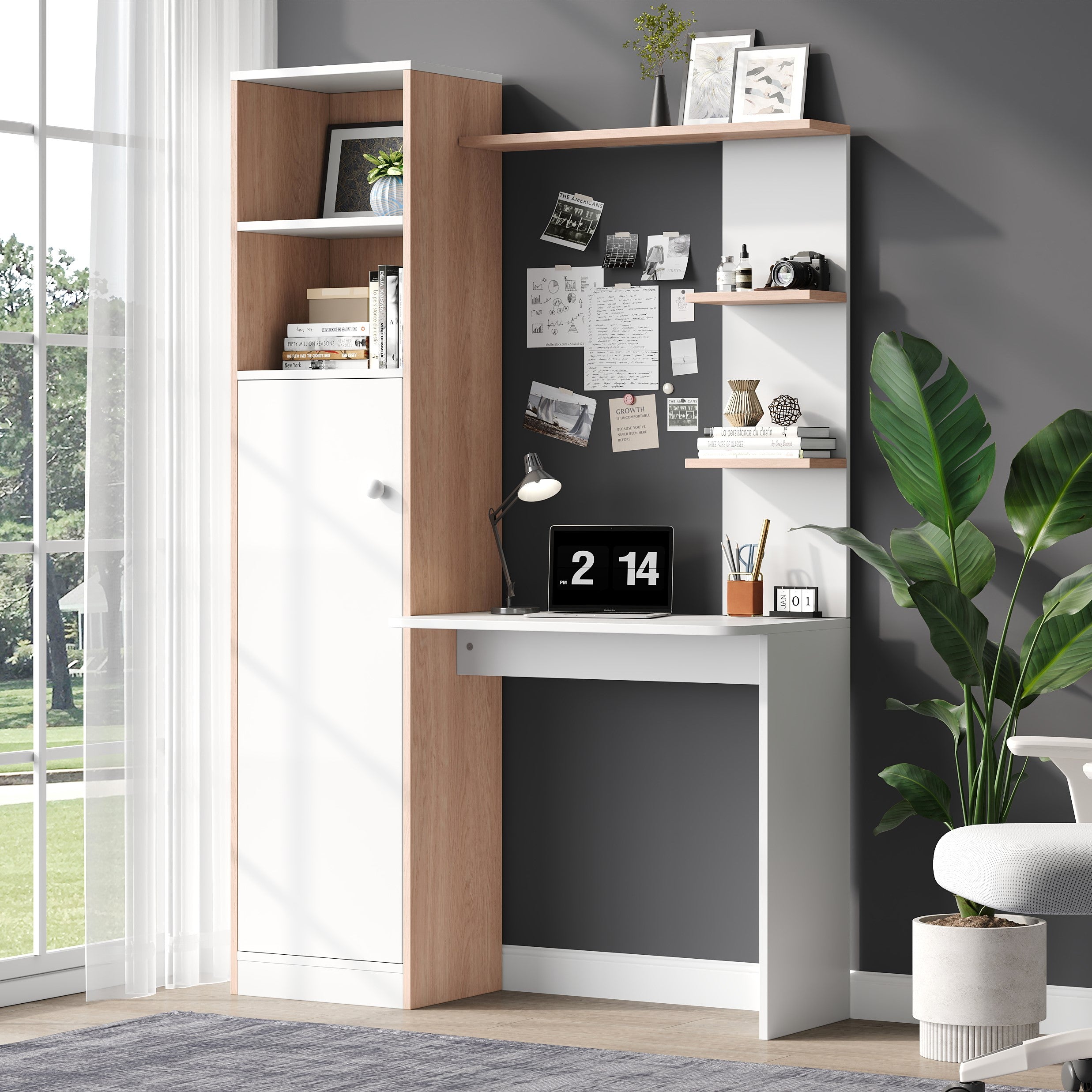 Work Table/Desk with Storage, Lower Cabinet & Open Shelf, White/Slatted Wood