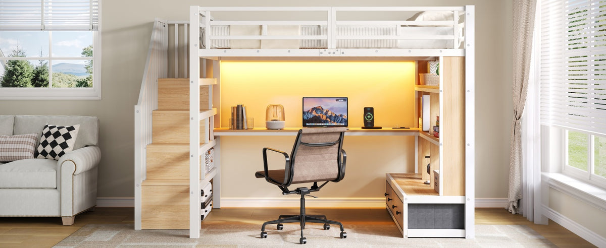 Metal Loft Bed 140x200 with Desk, Shelves & Storage - White