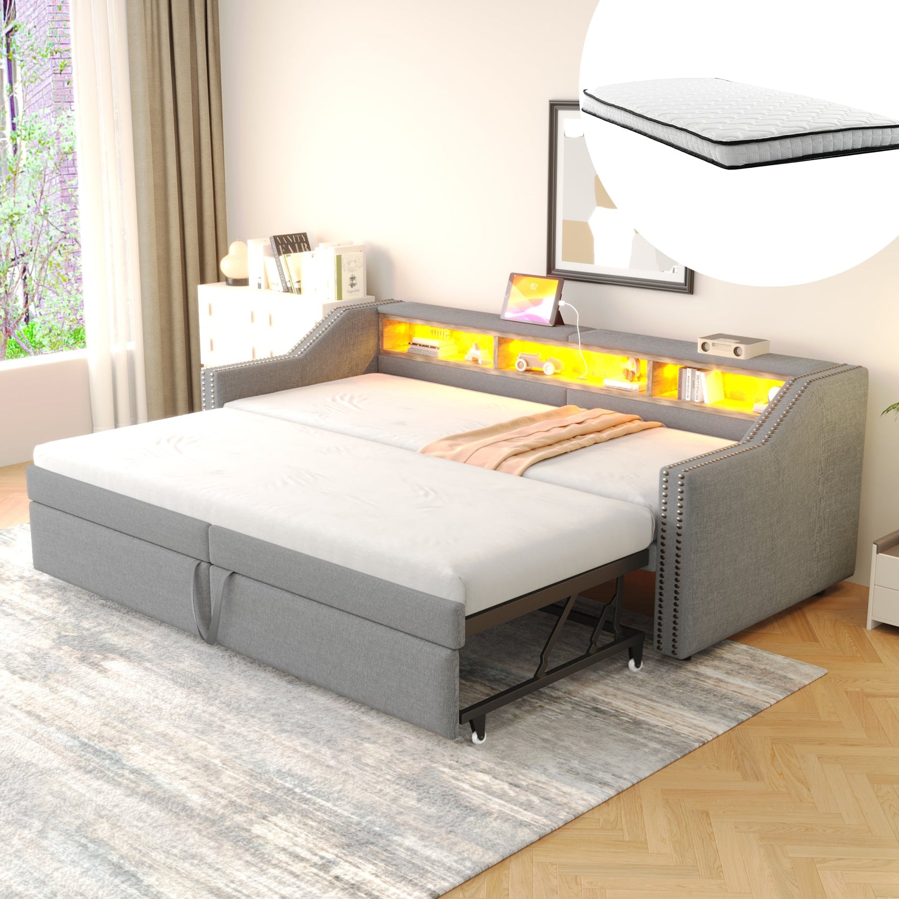 Upholstered Sofa Bed Extendable 90/180x200cm Storage LED USB - Light Grey