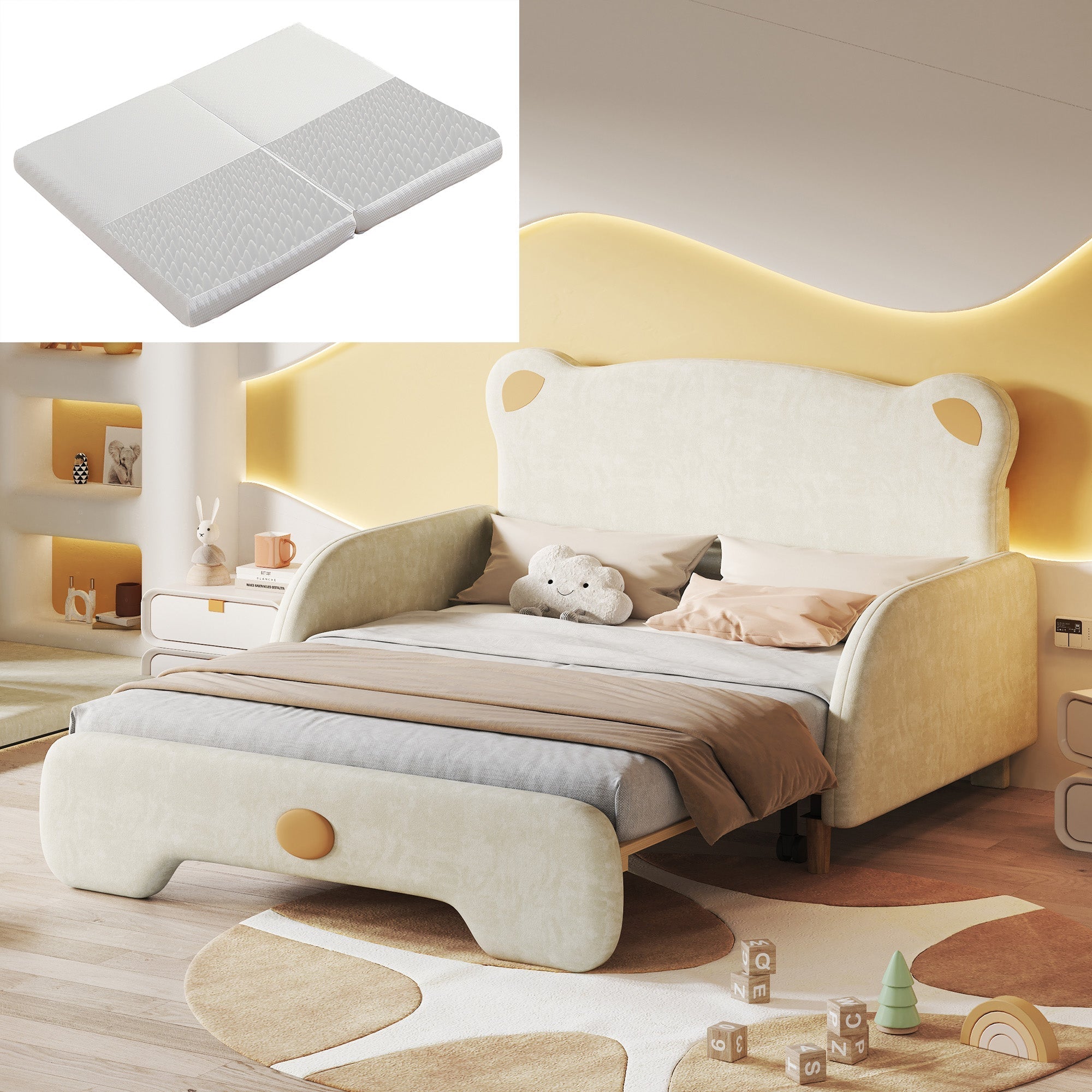 Bear-shaped Double Bed, Upholstered Children's Day Pull-out, Velvet Beige with White Sponge Mattress
