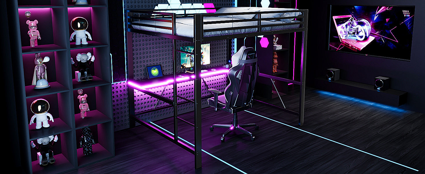 Gaming Metal Loft Bed Frame with LED Lighting, USB Station and Desk, 160x200, Black