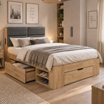 Single Storage Bed 90x200cm with USB & Drawers, Natural Wood