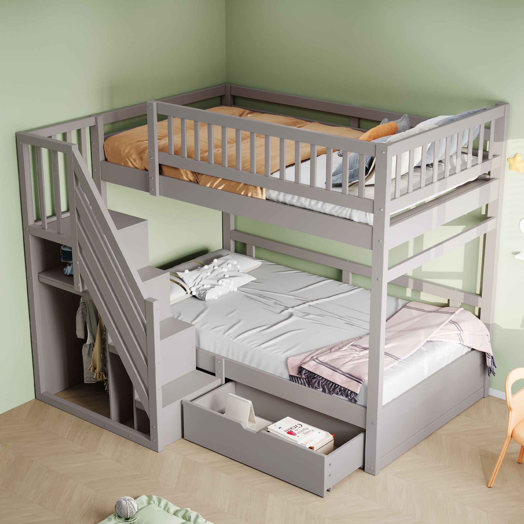 Bunk Bed, 90*200cm, High Safety Rail, Slatted Frame, Storage Ladder & Drawers, Solid Wood Grey