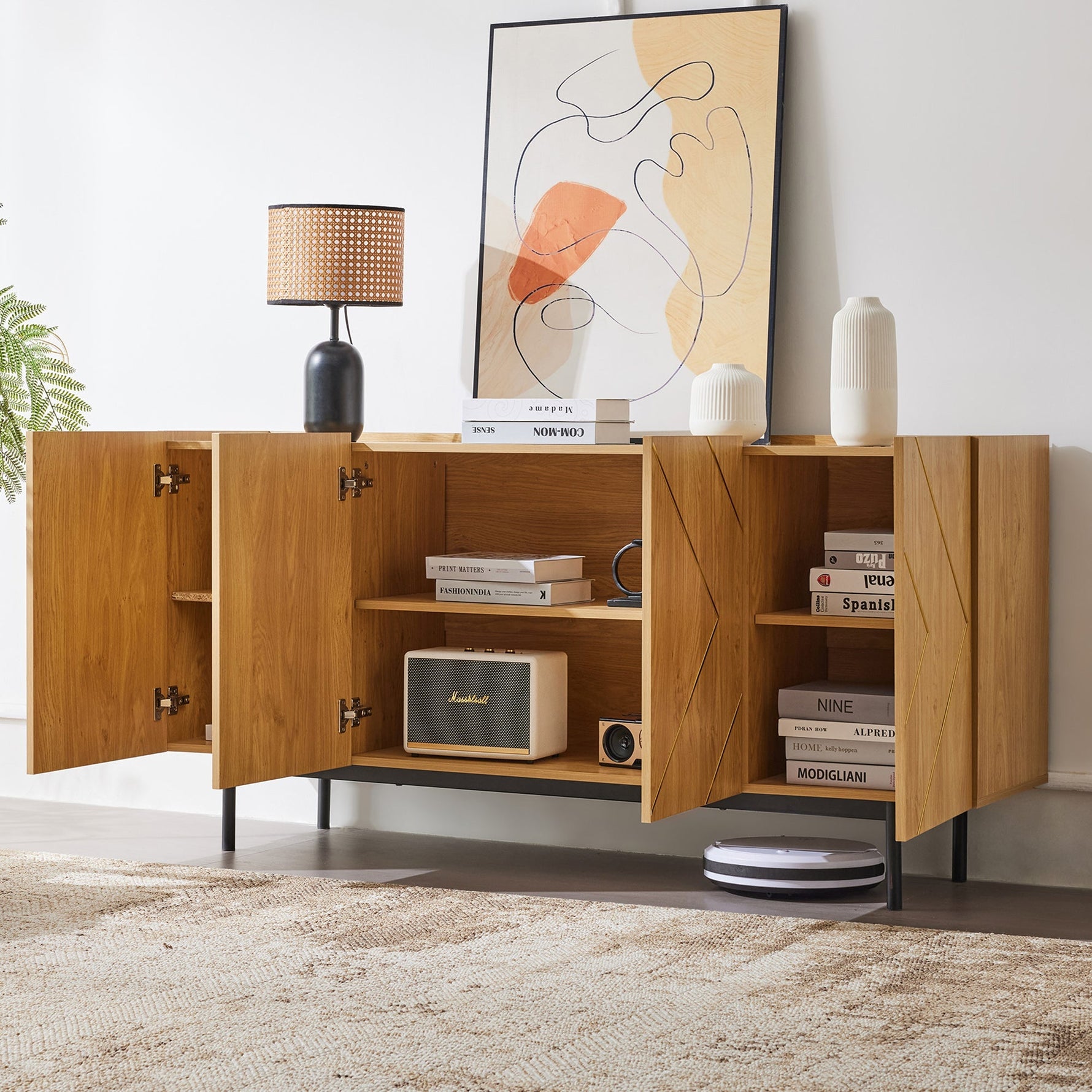 Sideboard living room buffet cabinet with 4 doors and metal inlay natural wood
