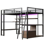 Metal Gaming Loft Bed with Integrated Workspace, LED Lighting and Storage, 140x200cm, Black