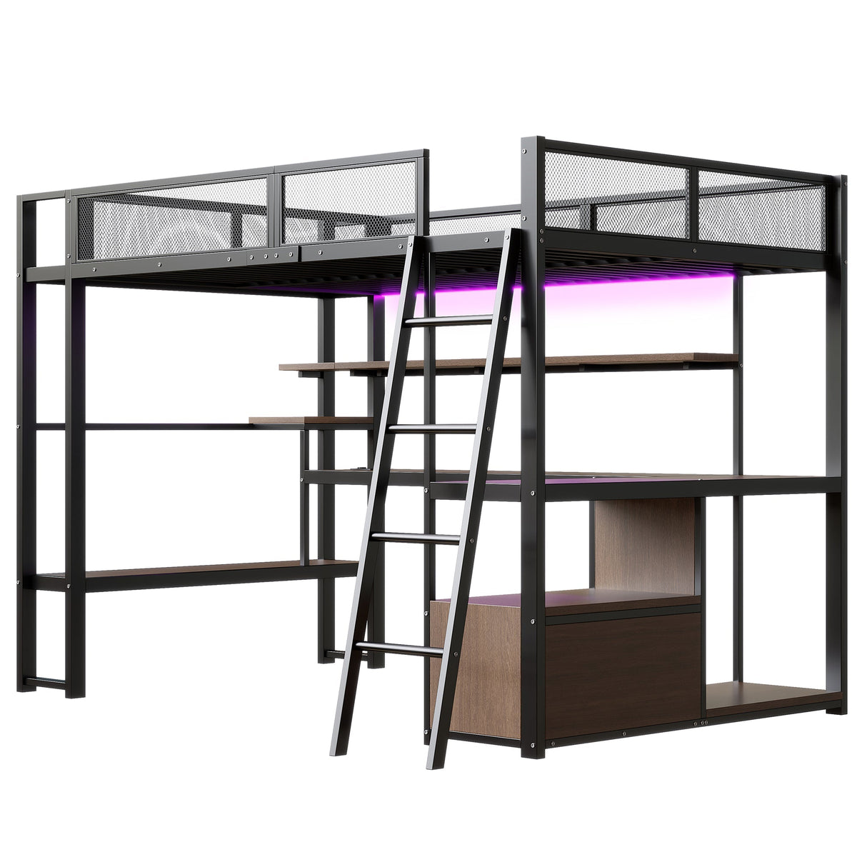 Metal Gaming Loft Bed with Integrated Workspace, LED Lighting and Storage, 140x200cm, Black