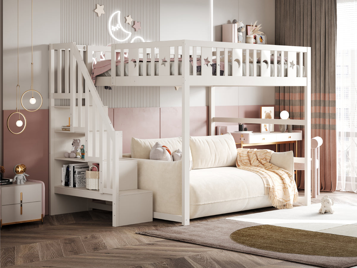 Children's Bunk Bed 140x200 Stairs Safety Railing, Solid Wood White