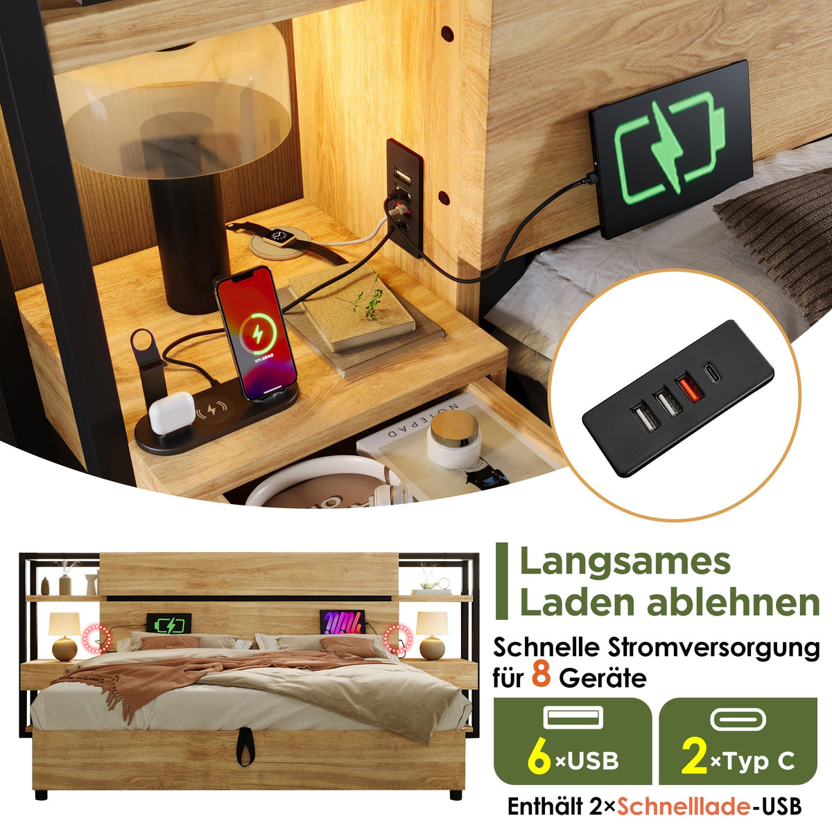 Wooden Double Bed 180x200cm, Hydraulic Storage, Headboard with USB Charging, Oak Color