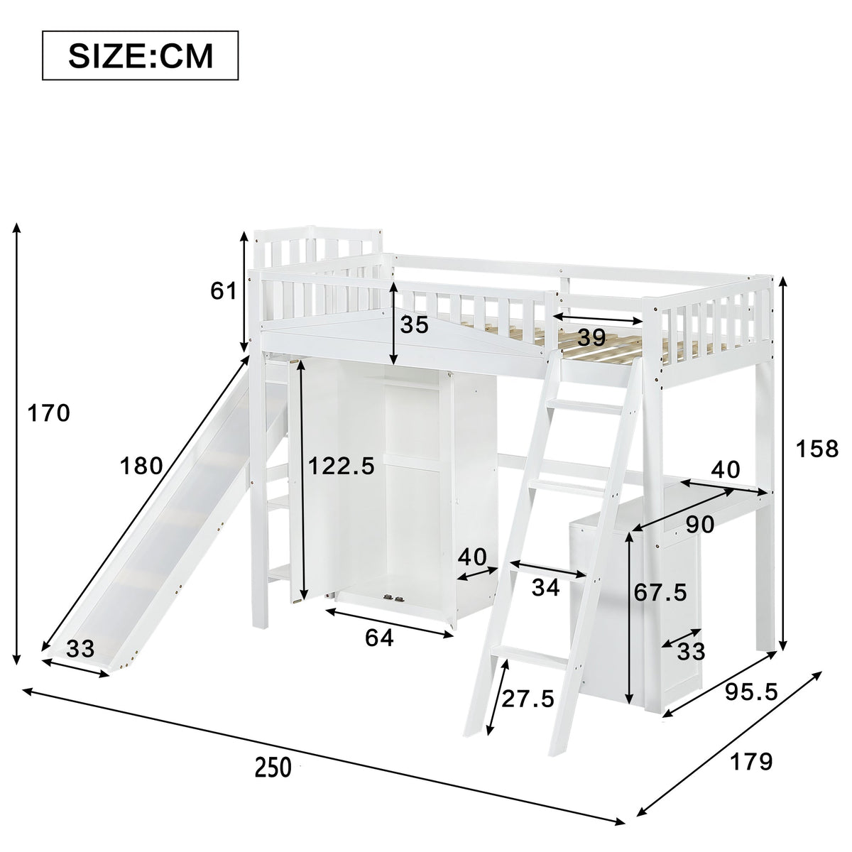 Bunk Bed, Children's with Safety Gate, Table, Wardrobe & Ladder, Pine+MDF+Plywood, White, 90x200cm