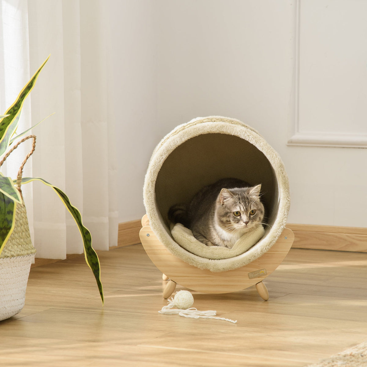 PawHut Cat Cave with Shelf Bed Scratching Pad, Pinewood Flannel, Khaki Natural & Beige