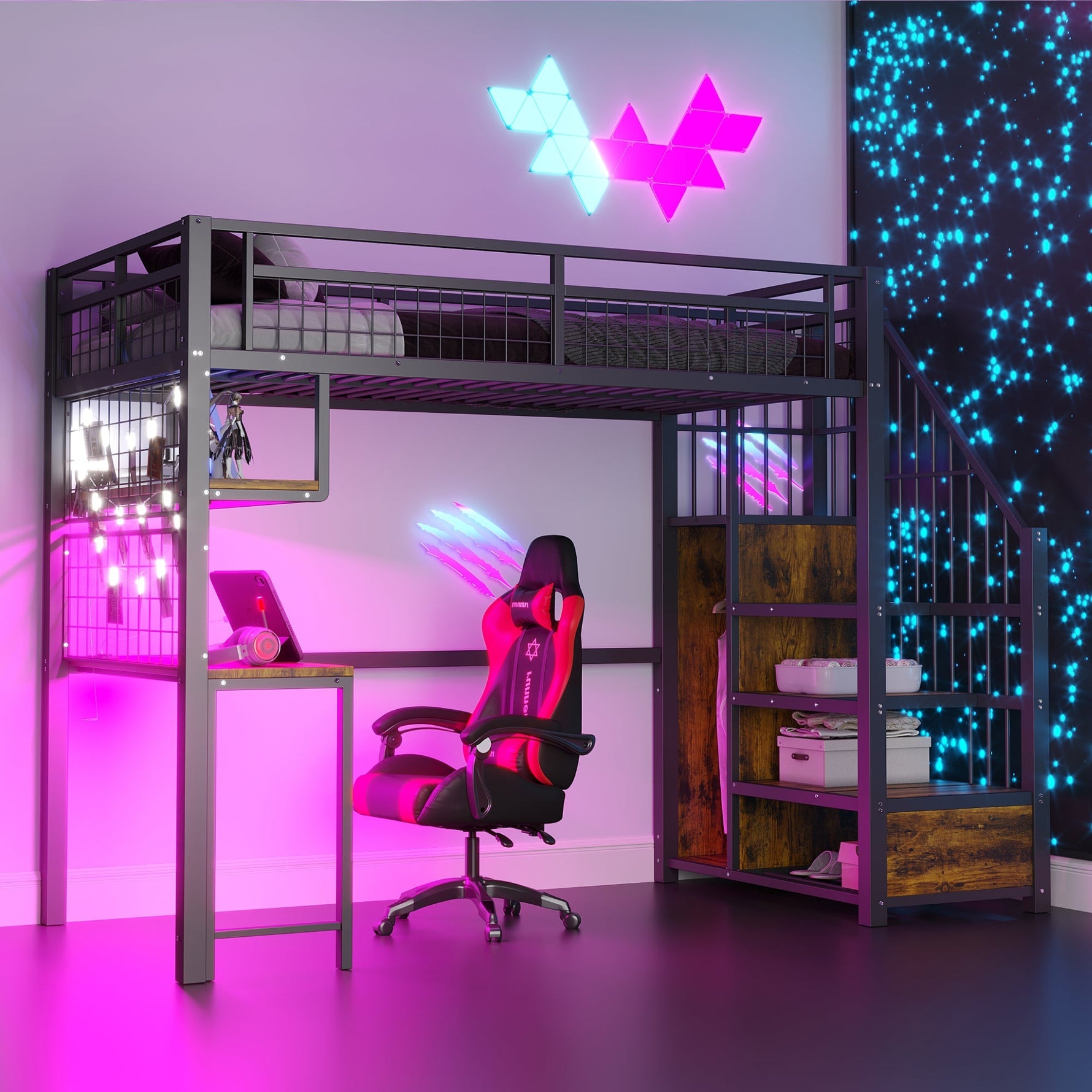 Metal Loft Bed 90x200cm Storage Ladder Wardrobe Desk Light & USB - Black
