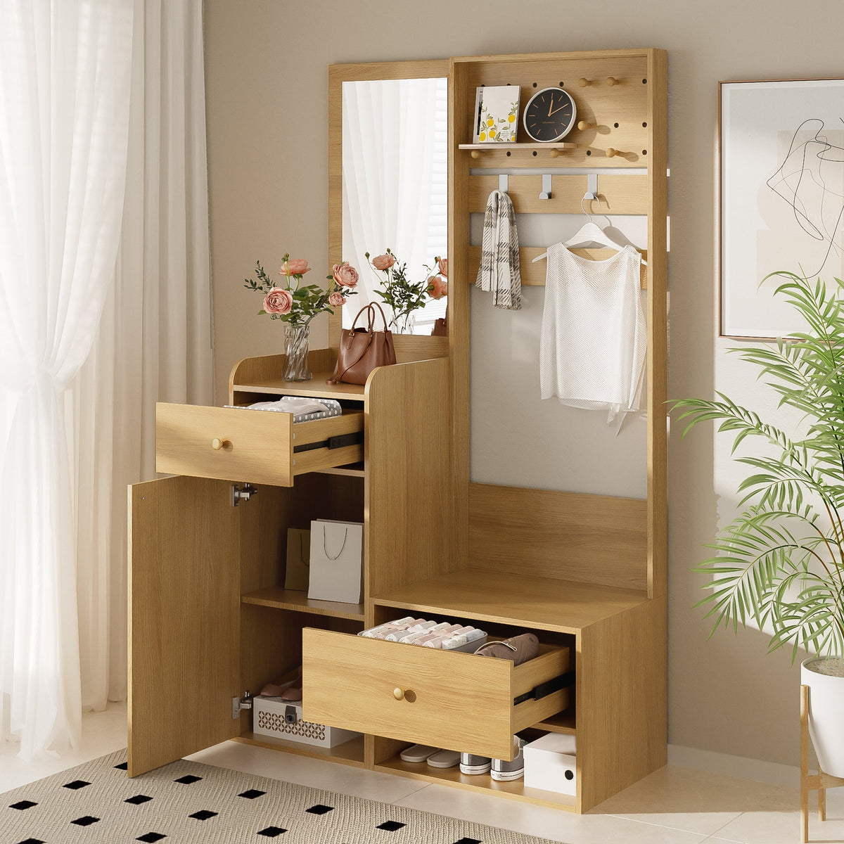 Compact Wardrobe, Entryway Shelf with Mirror, Adjustable Hooks, Wood-Coloured