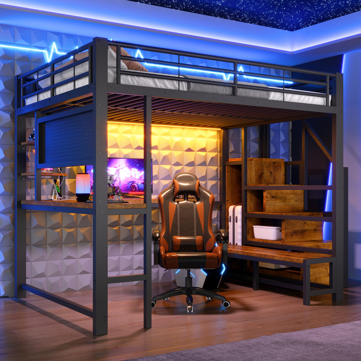 Loft Bed 140x200cm with Desk, LED Light & Storage, Black