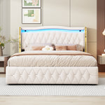 Upholstered Bed 160x200cm, LED Lighting, Hydraulic Storage, Velvet Fabric Beige