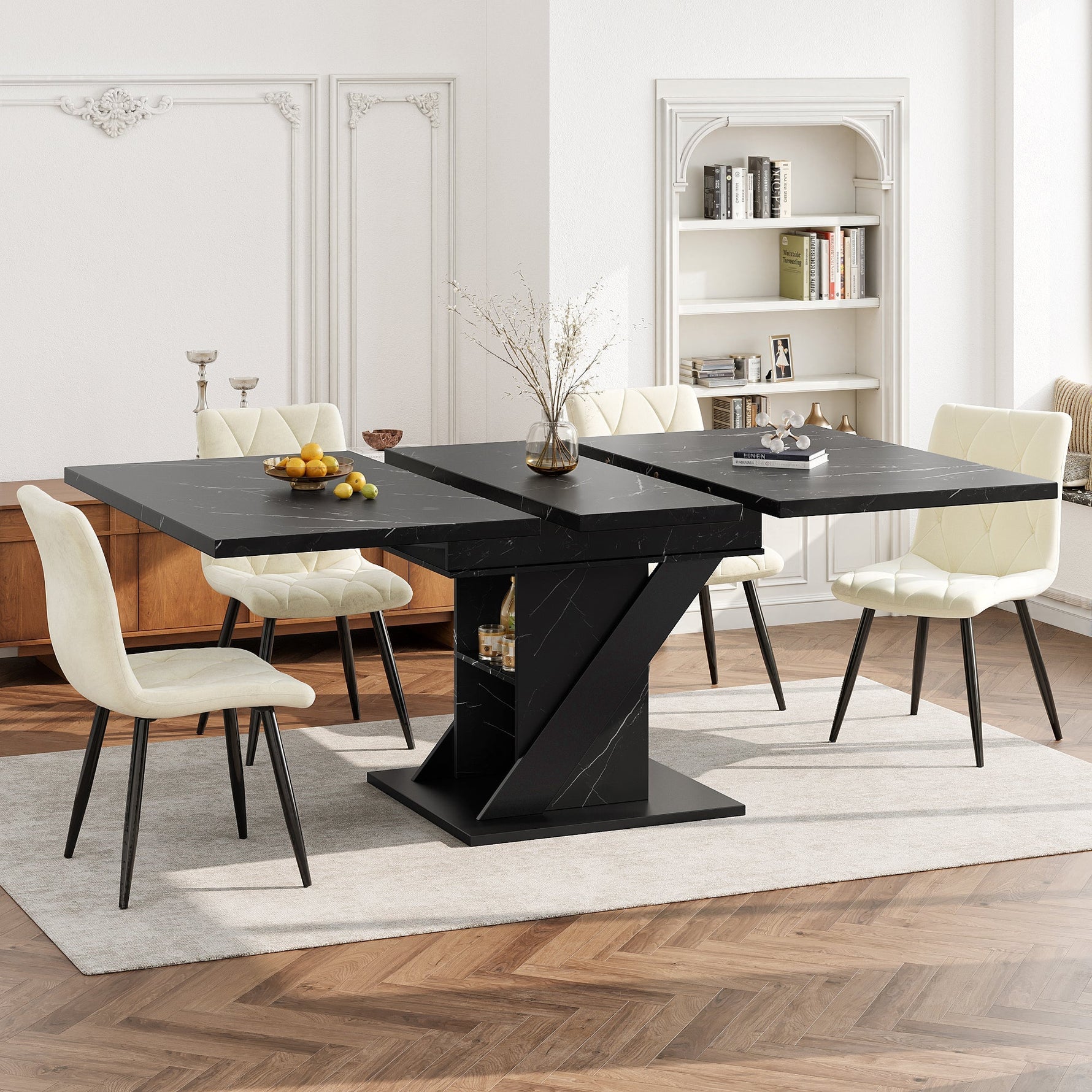 Telescopic Dining Table 110-140x80cm Extendable - Black Marble Look