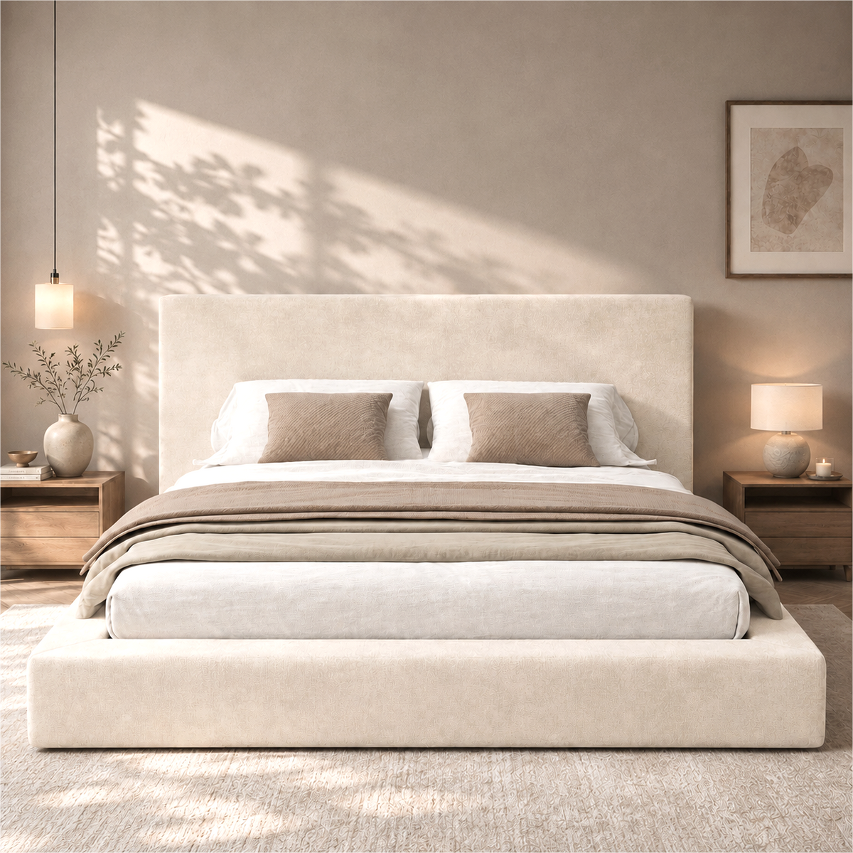 Upholstered Double Bed 160x200cm with Slatted Base, Beige Chenille