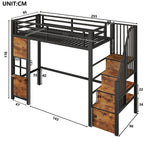 Loft Bed 90x200cm with Storage Ladder & Railing, Black Iron