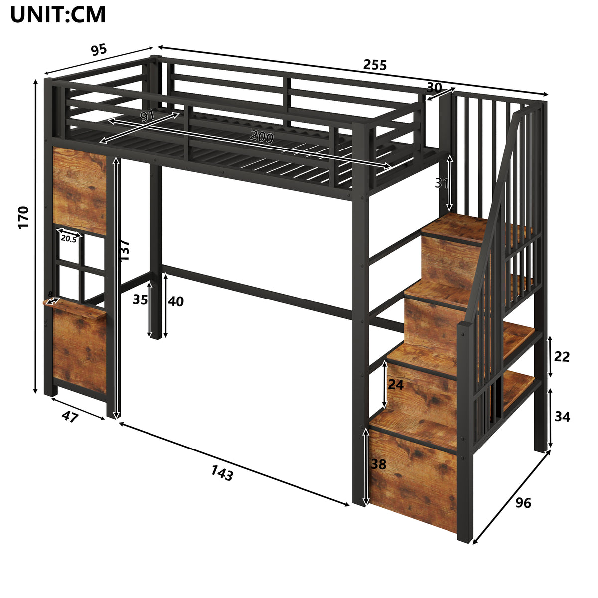Loft Bed 90x200cm with Storage Ladder & Railing, Black Iron