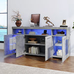 Sideboard Cabinet High-Gloss LED Light Tempered Glass 3 Compartments, Cement-colored
