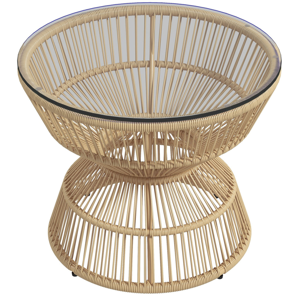 Rattan Side Table Ø60 cm Tempered Glass Boho Design Natural Wood