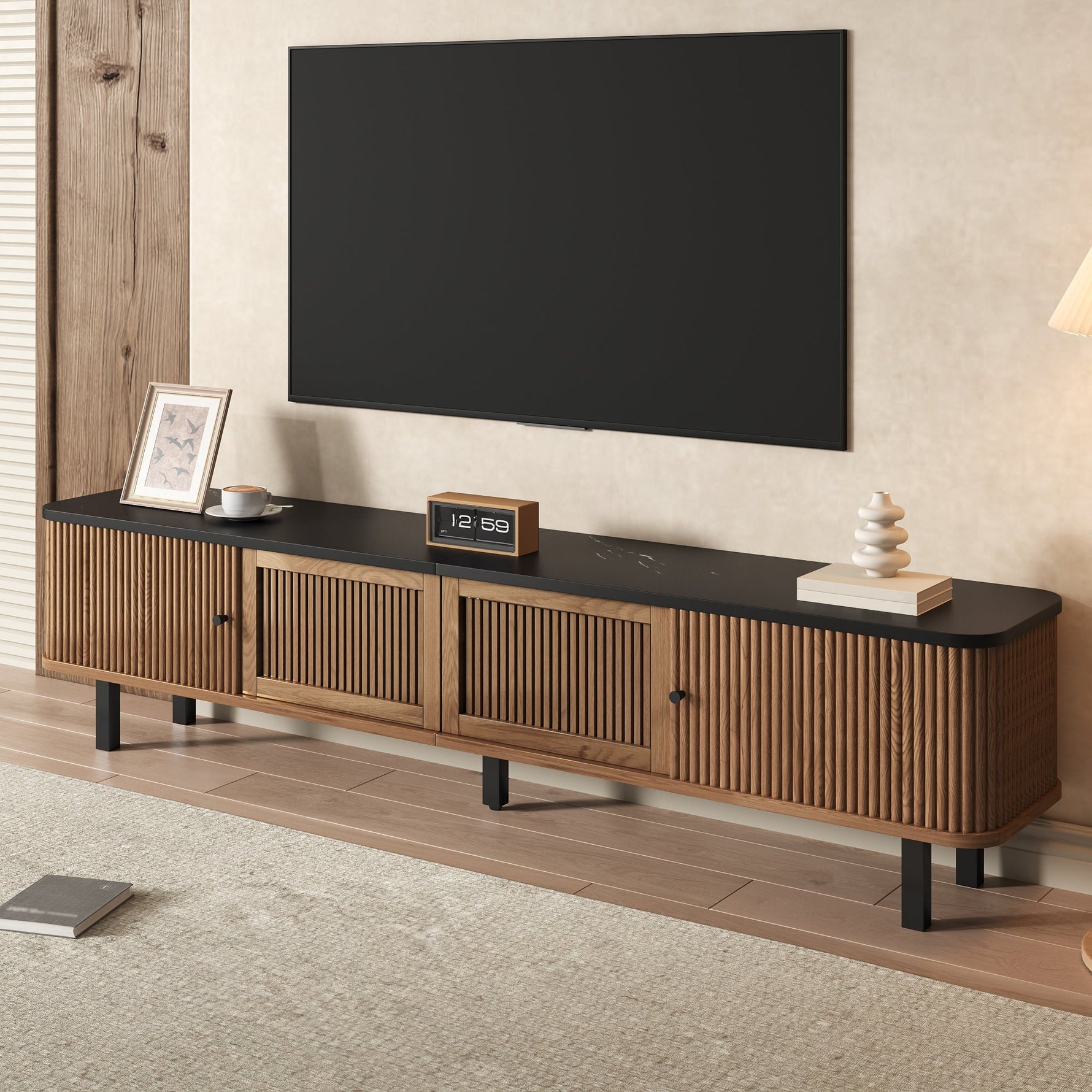Modern TV Cabinet with Sliding Mesh Doors and Unique Design, Oak Wood Look