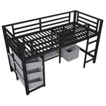 Mid-Height Bed with LED Lighting and Fabric Storage, 90x200 cm, Black Metal