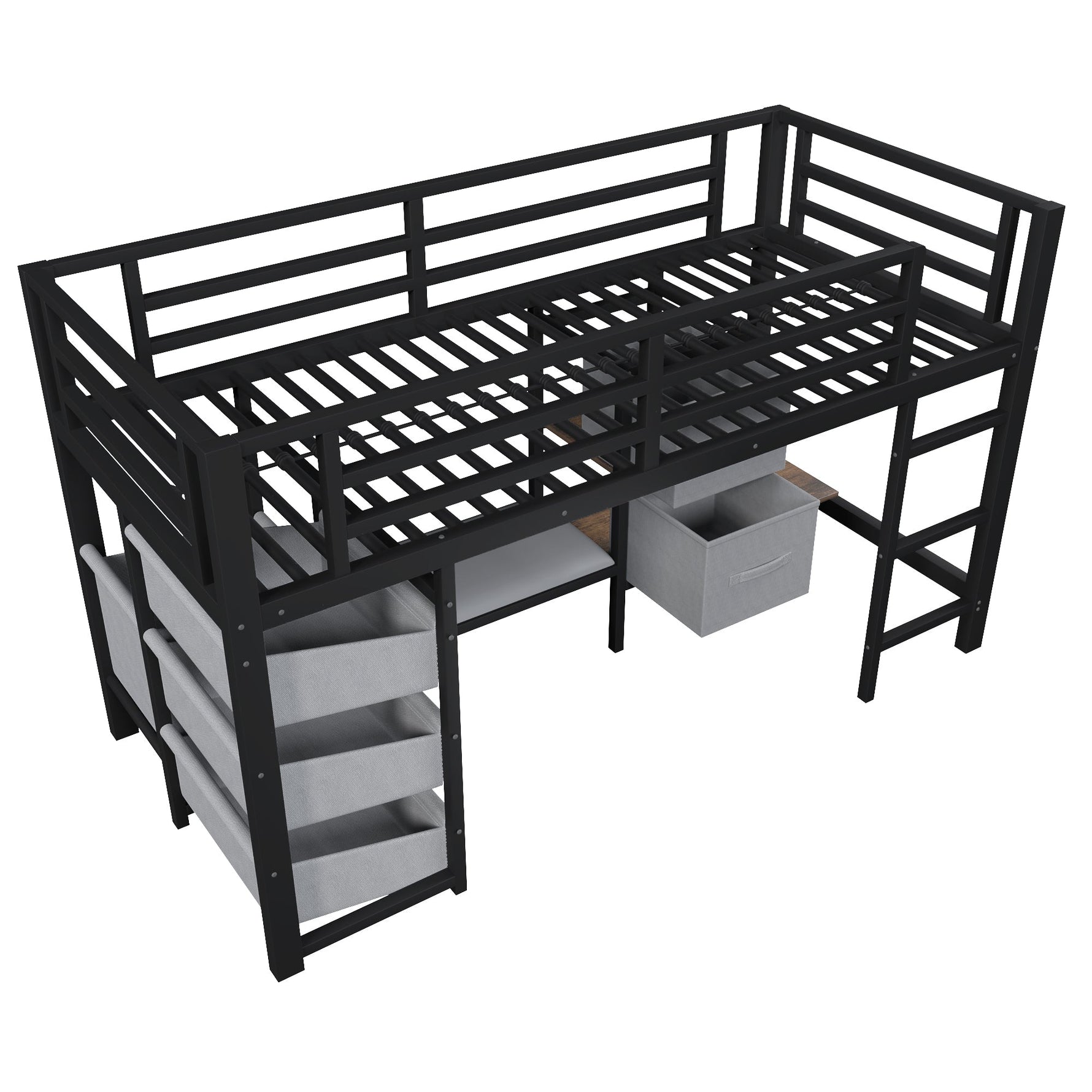 Mid-Height Bed with LED Lighting and Fabric Storage, 90x200 cm, Black Metal