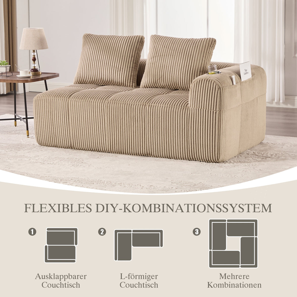 Two-Seater Sofa - No Assembly Storage Pocket Drink Holder - Corduroy