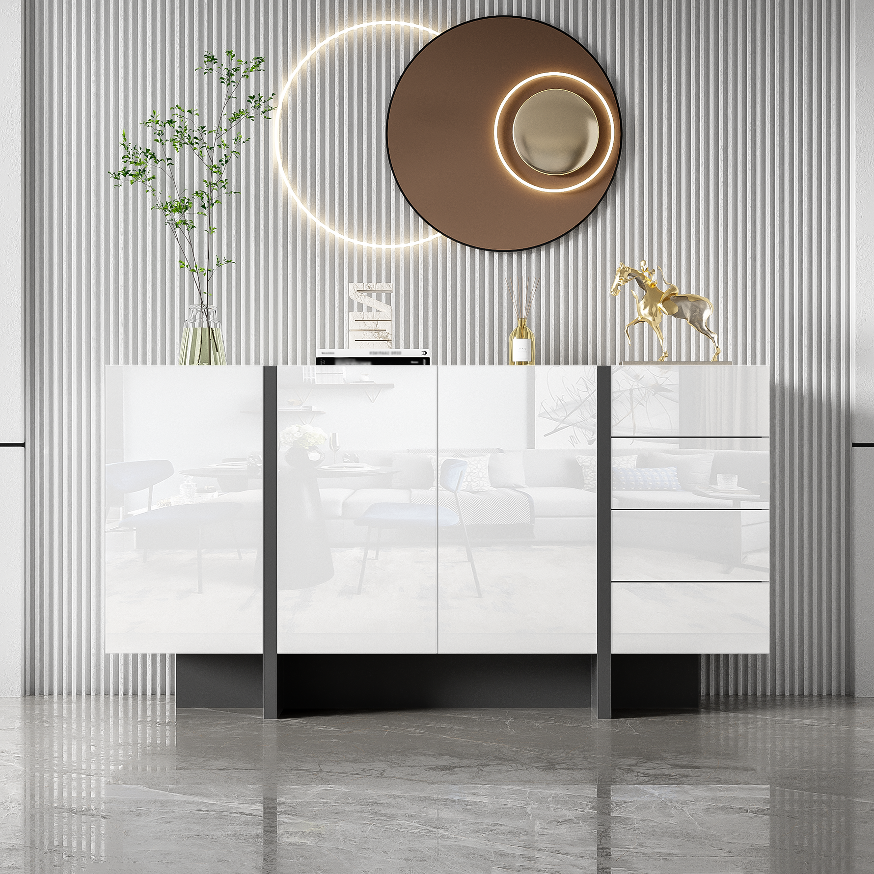 Sideboard, 2-Door 4-Drawer Modern, White High-Gloss
