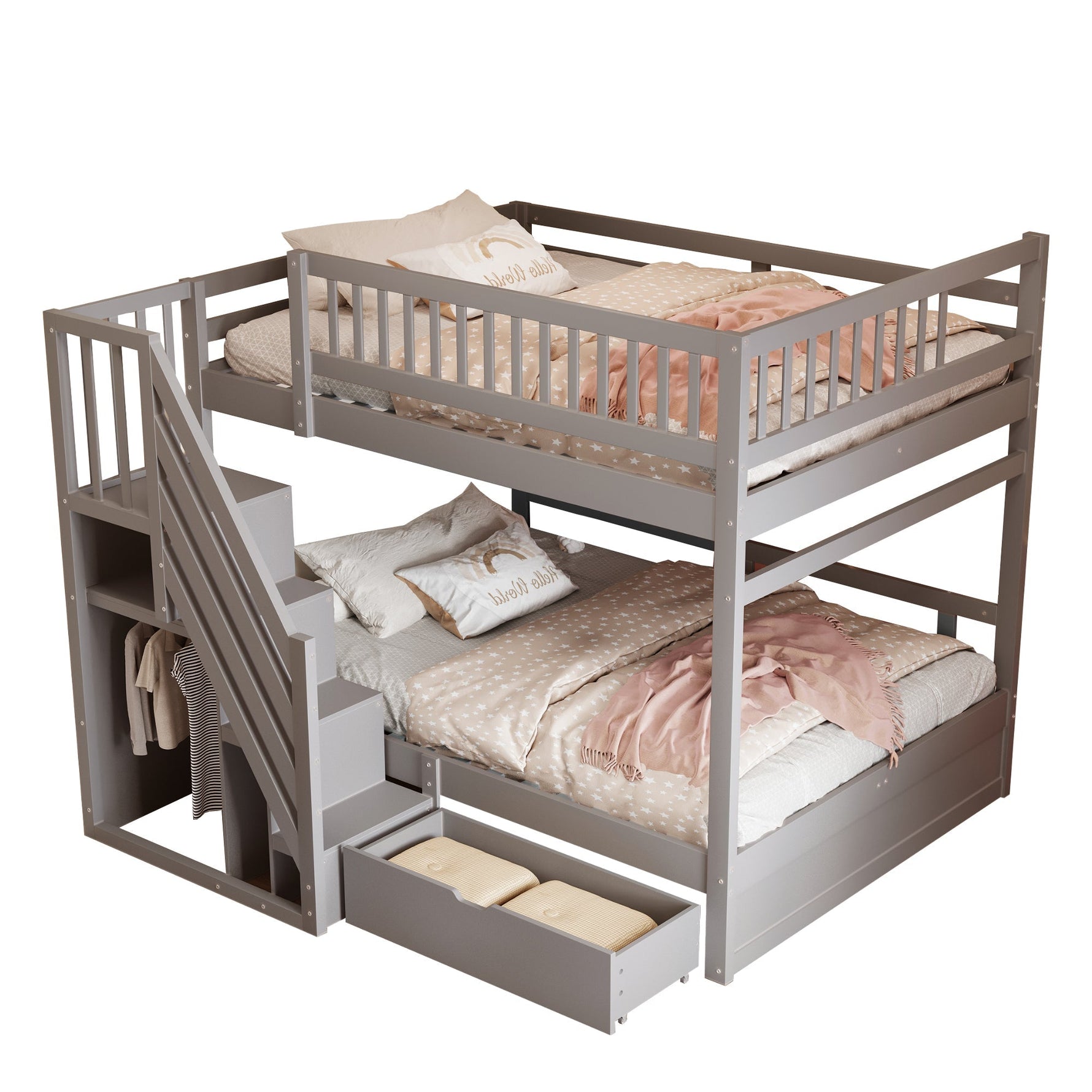 Solid Wood Bunk Bed 140x200cm High Safety Rail Storage Ladder Drawers, Grey