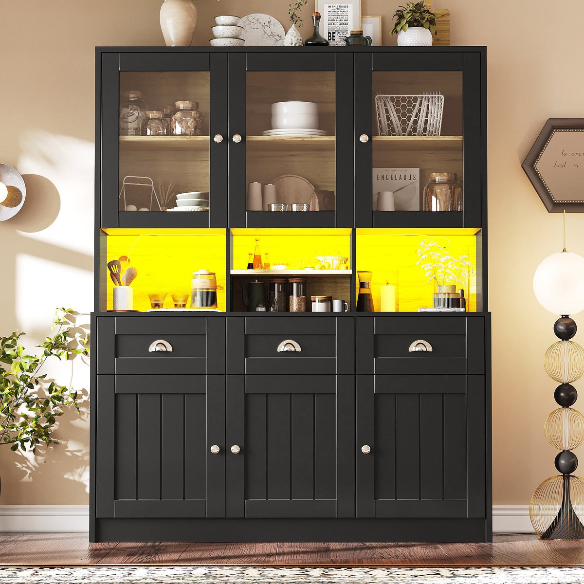 Tall Kitchen Cabinet 140x40x175cm Display Buffet Adjustable Shelves LED - White/Black