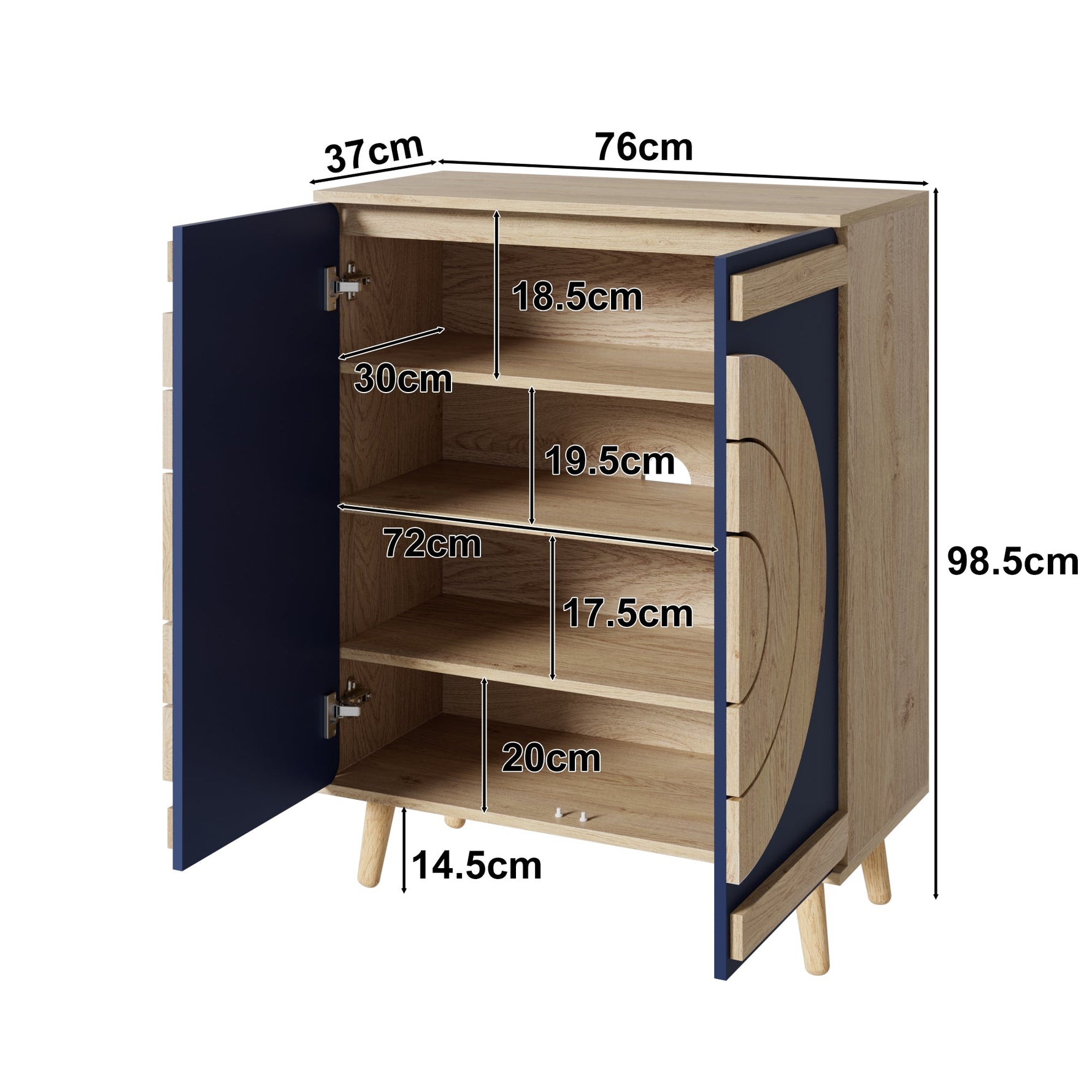 Modern Shoe Cabinet with Geometric Doors and Multi-Level Storage, Blue and Natural