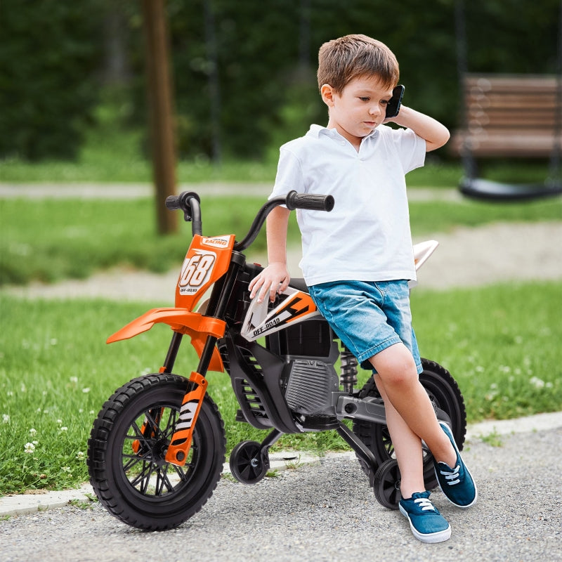 Electric Motorcycle for Children with Music and Training Wheels, 12V, Orange
