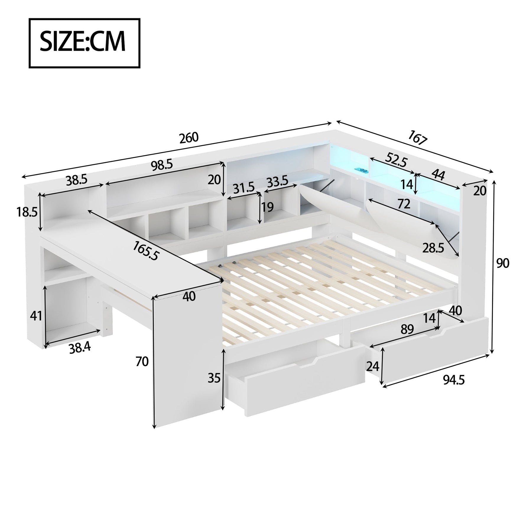 L-shaped Platform Bed 140x200 with Desk Bookshelf Upholstered Headboard Drawers LED Light White Wood