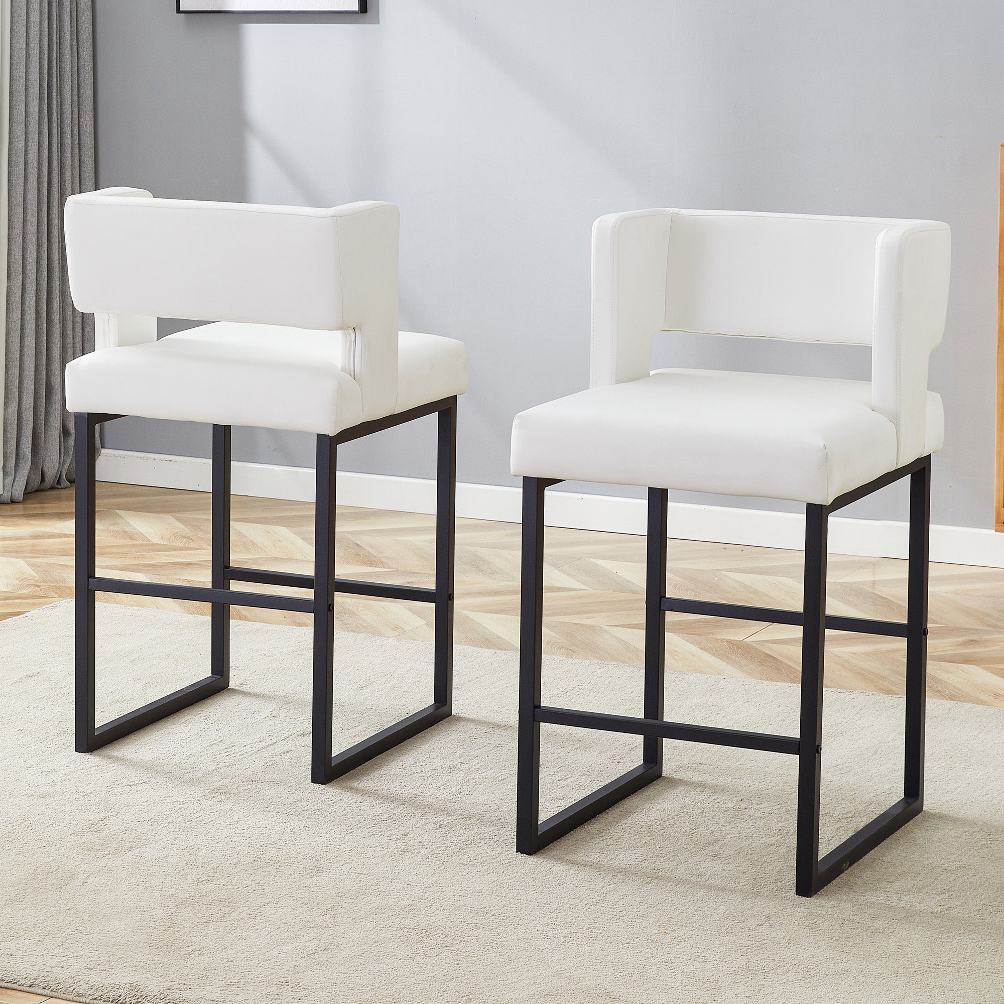 Nordic Bar Stool Set of 2 Modern Square Design Black Metal Legs - White