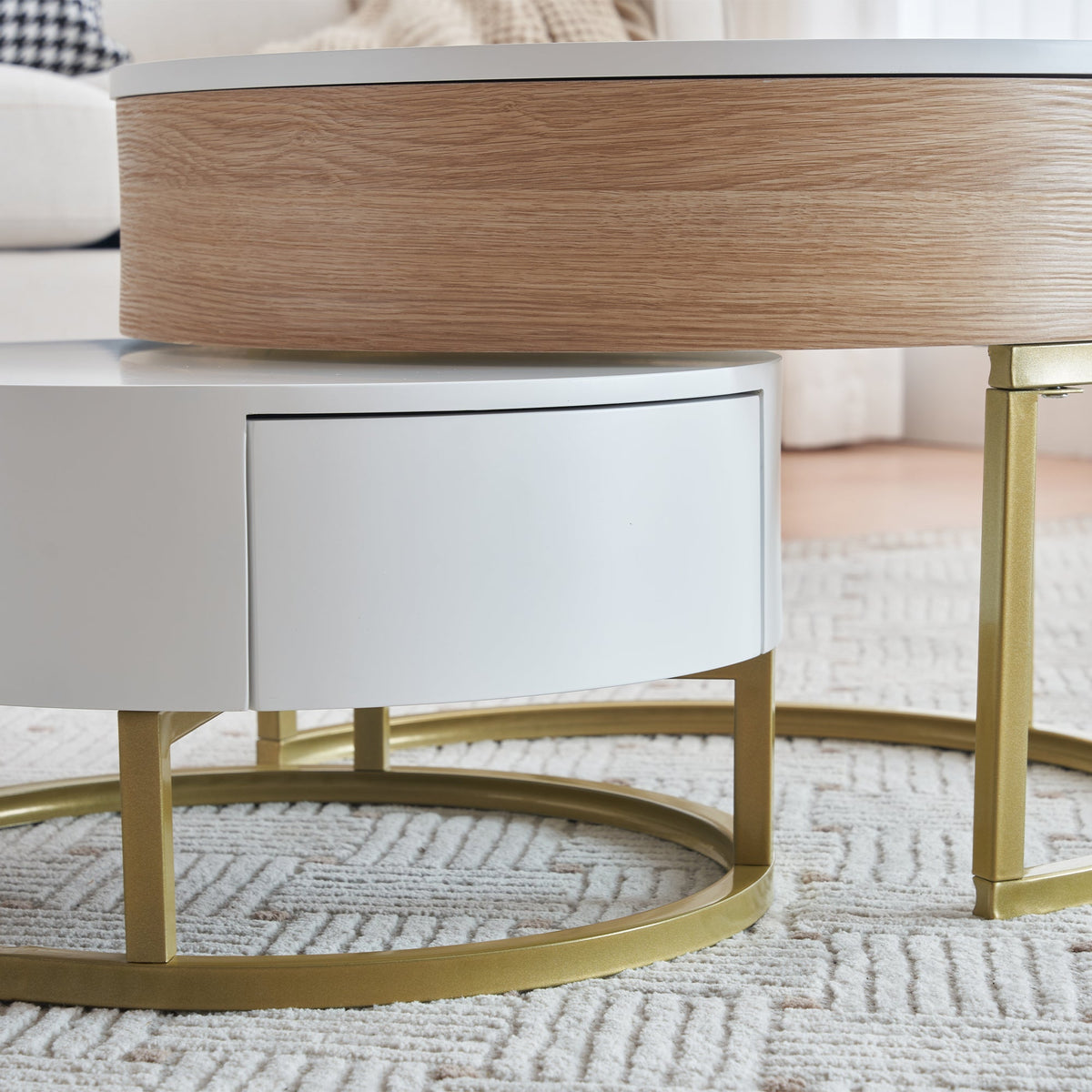 Nesting Table, Fold-Up Coffee & Side Table with Two Drawers, 2-Piece Set, Golden