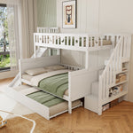 Children's Bed, Bunk with Slide, Shelf, Trundle & Slatted Frame, Solid Wood, White