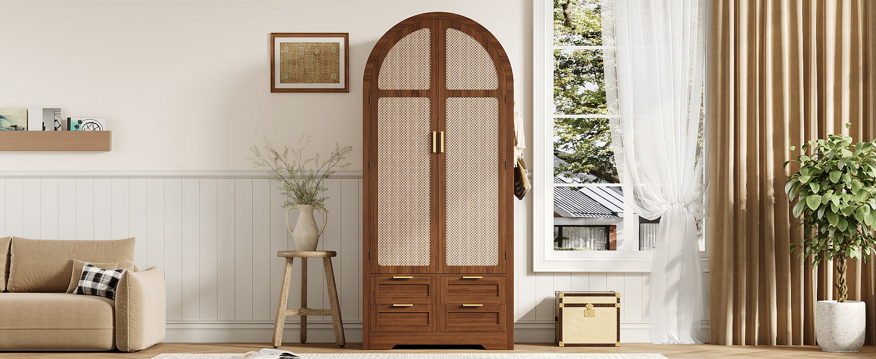 Modern Wardrobe with Curved Doors, Clothes Rail and Drawers, Walnut MDF