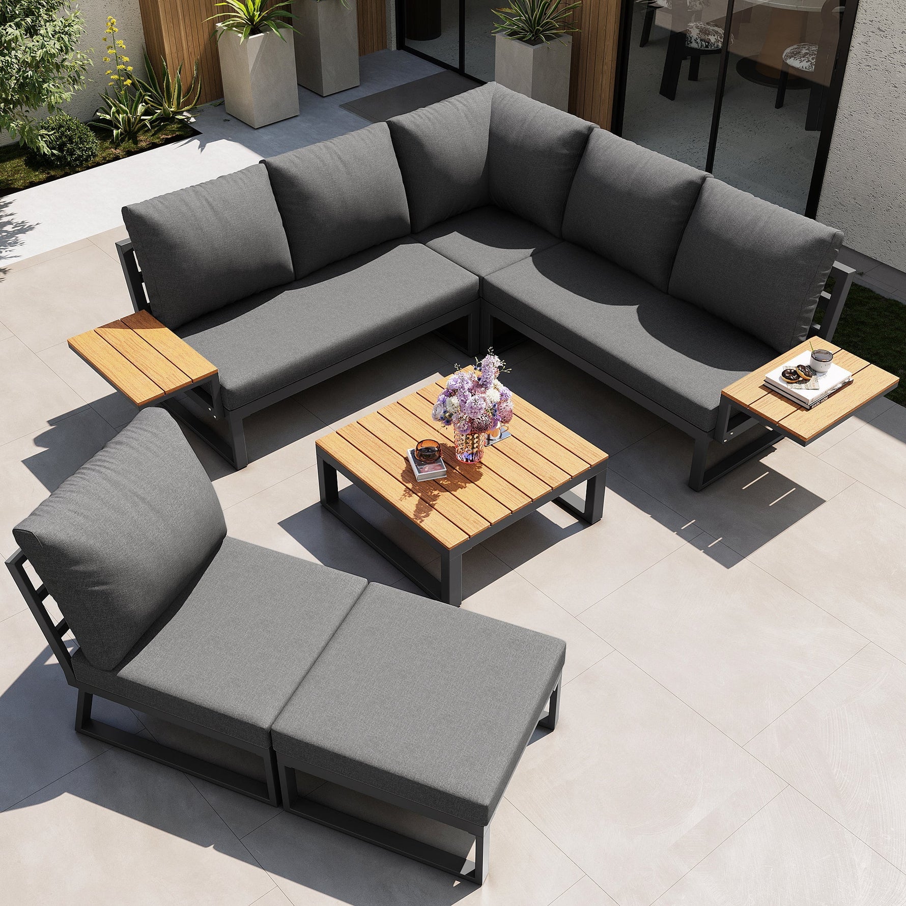 L-shaped Garden Sofa Set Weatherproof 7-Seater Corner Lounger Wooden Armrests Iron Grey/Beige