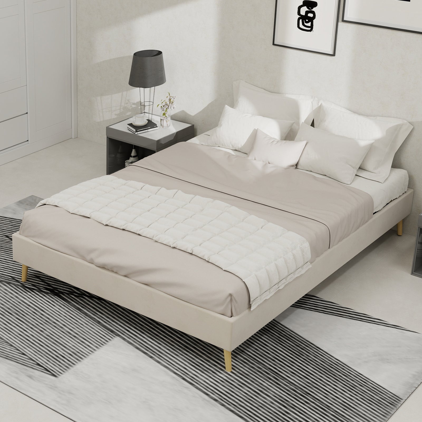 Modern Minimalist Bed Frame 140x200 Low-Profile Dutch Velvet, Beige