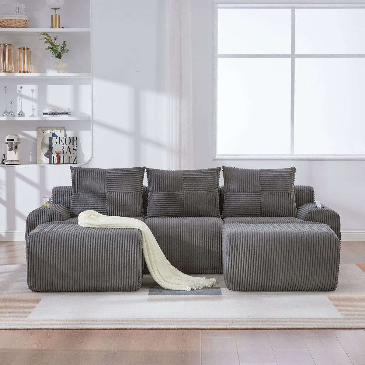 Modular Corduroy Sofa - 3-Seater with 2 Ottomans, Cup Holders, Storage Pocket - Dark Grey