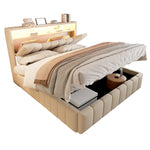 Upholstered Storage Bed 140x200 cm with LED & USB, Beige Linen